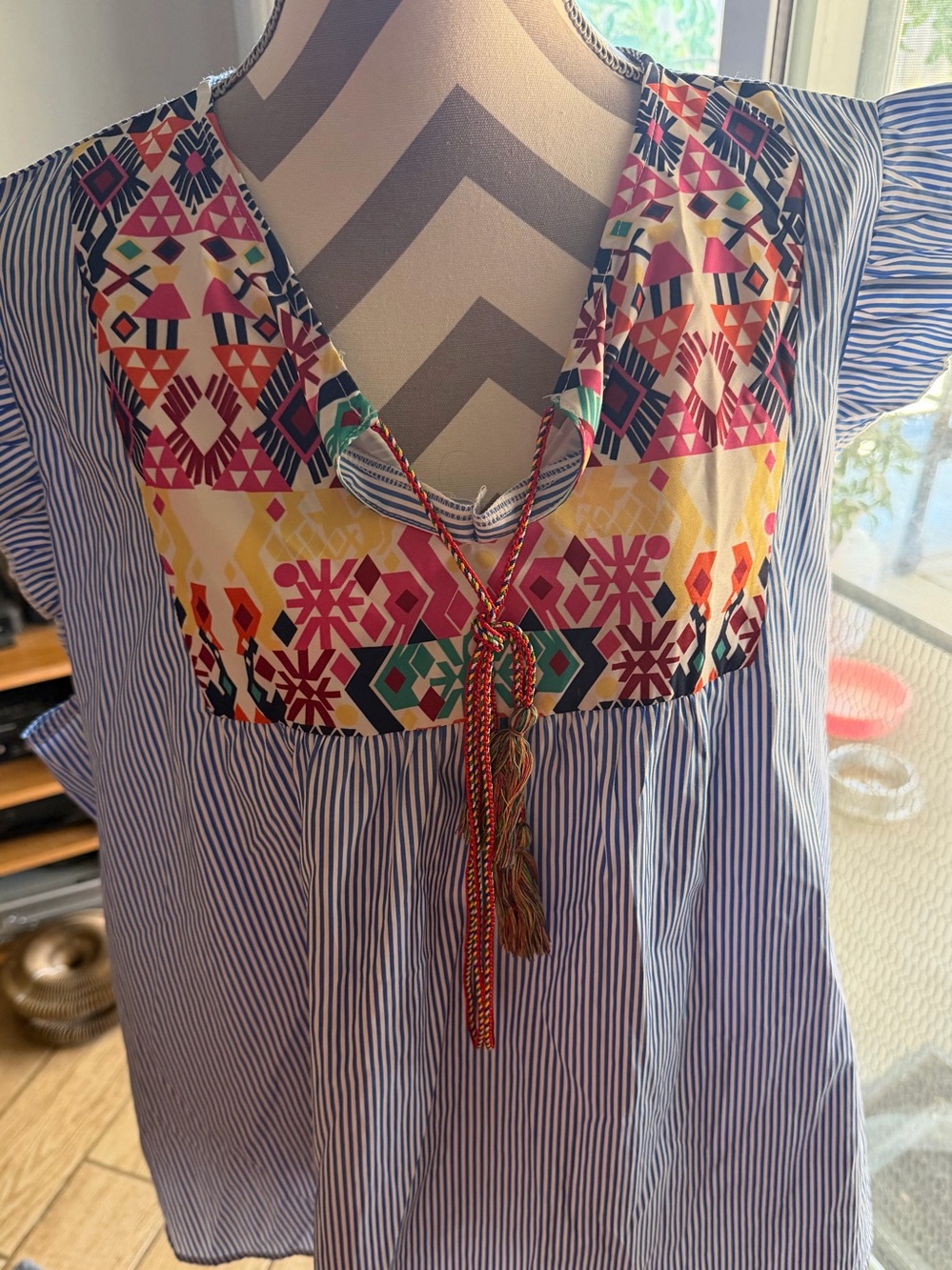 SHEIN curve Blue Striped Tunic with Multicolor front and drawstring 4 xl